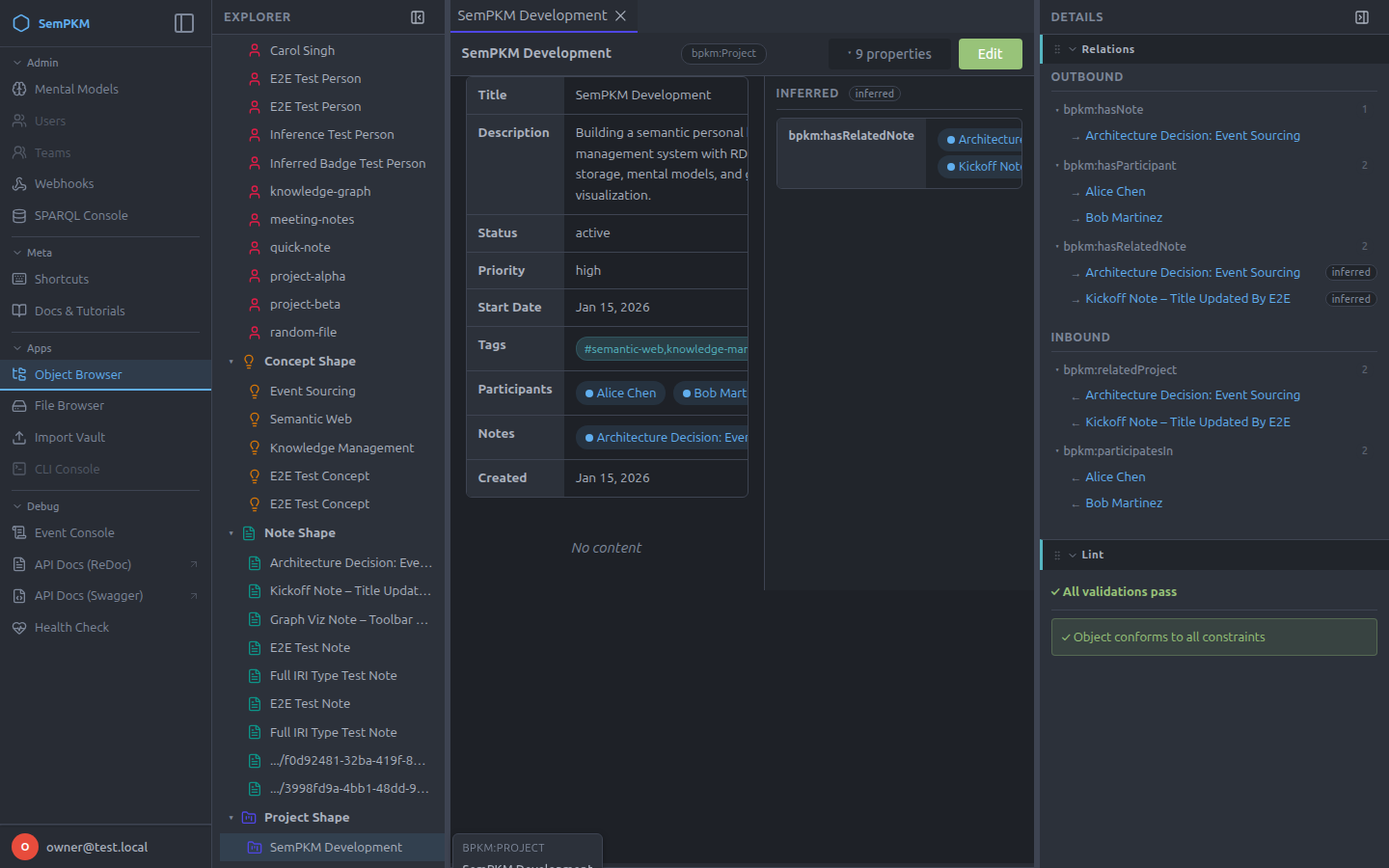 An object with its typed outbound and inbound relations in the details panel